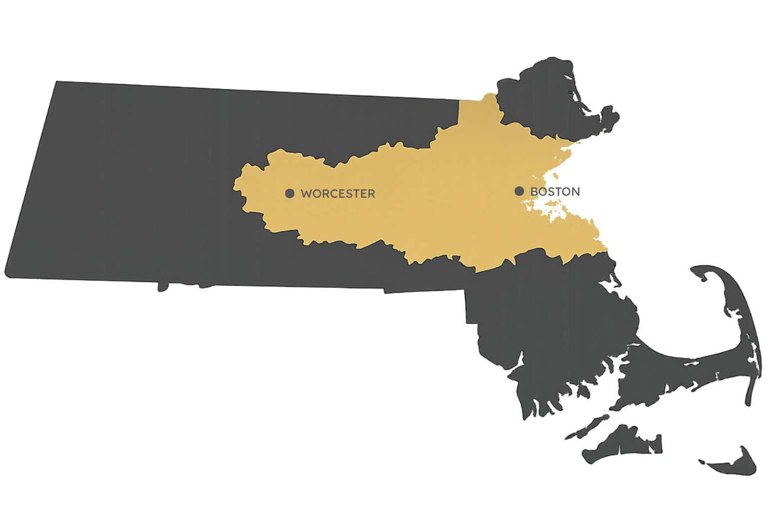 Massachusetts service area map highlighting the Worcester to Boston corridor